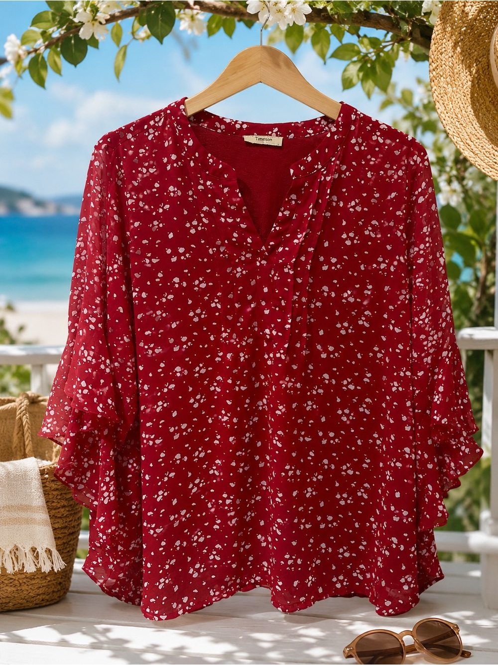 Red Split-Neck Women's Blouse With Speckled Design